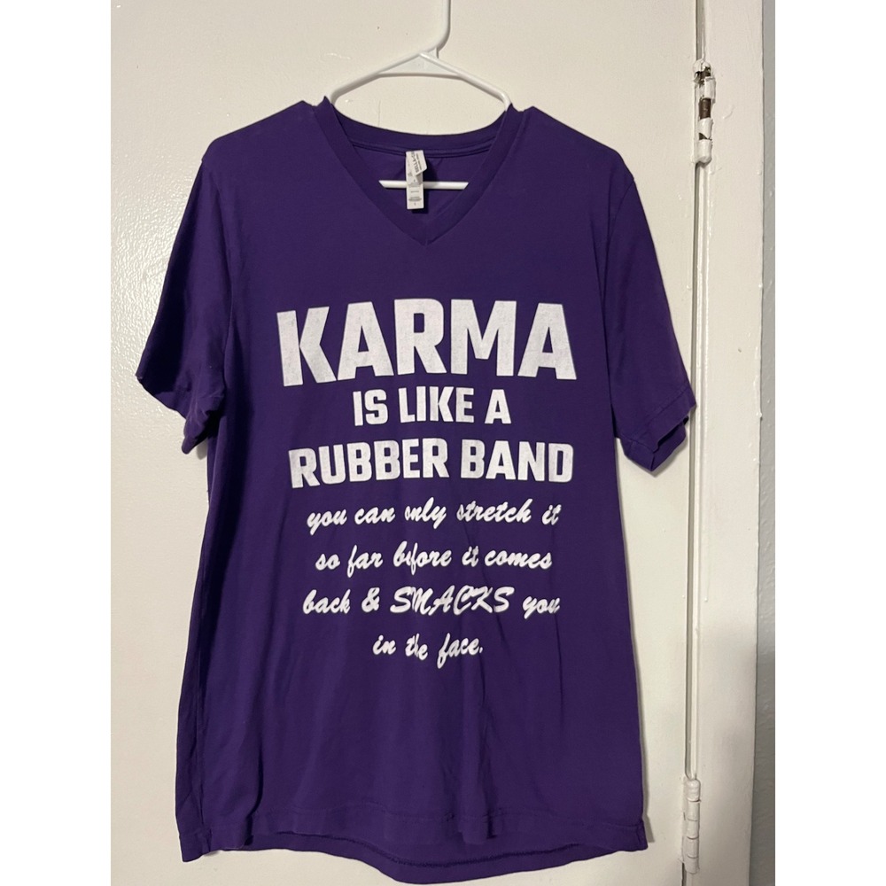 Bella Canvas Purple Karma Rubber Band‎ Graphic V-Neck T-Shirt Womens Large